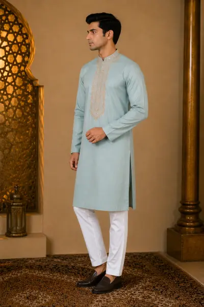 Sky Blue Pastel Heritage Embroidered Kurta view 4