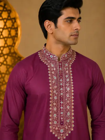Magenta Ornate Embroidered Kurta view 2