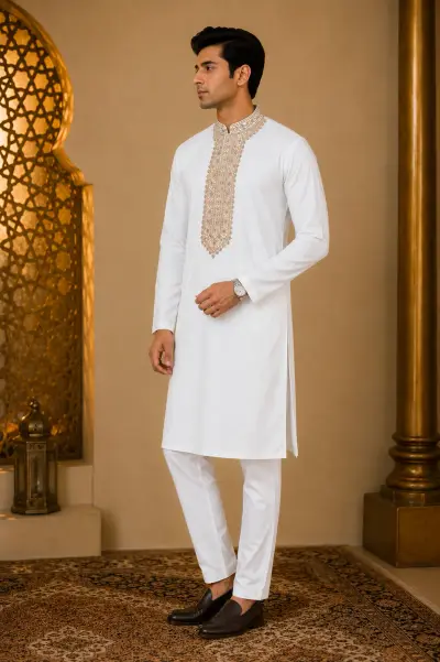 Pure White Embroidery Work Kurta view 4