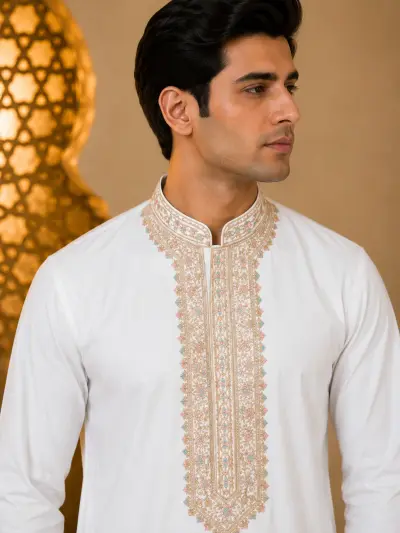 Pure White Embroidery Work Kurta view 2