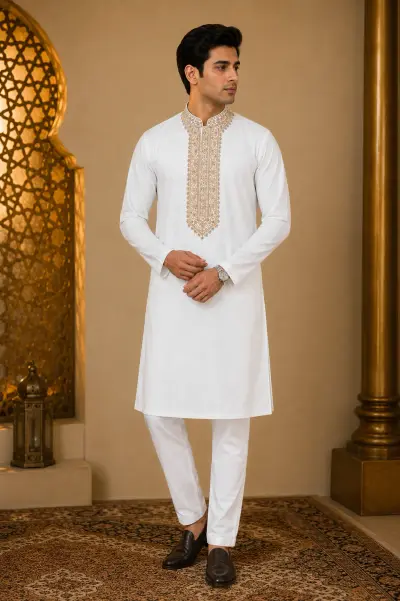 Pure White Embroidery Work Kurta