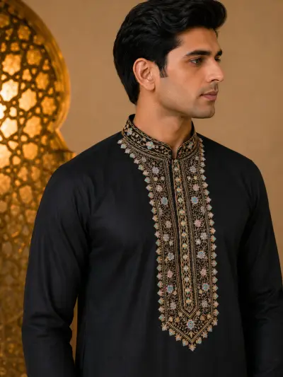 Jet Black Embroidery Work Kurta view 2