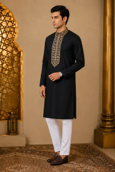 Jet Black Embroidery Work Kurta view 4