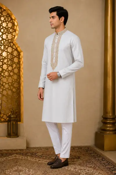 Pearl White Embroidered Kurta view 4