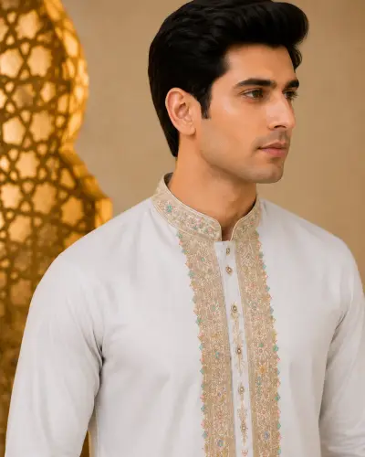 Pearl White Embroidered Kurta view 2