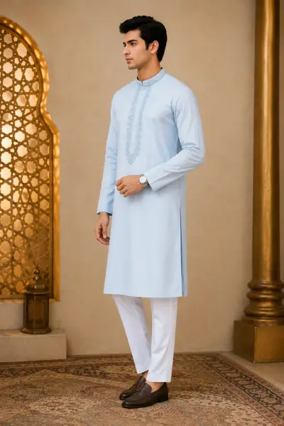 Powder Blue Embroidered Kurta view 4