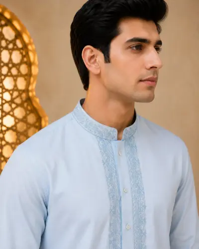 Powder Blue Embroidered Kurta view 2