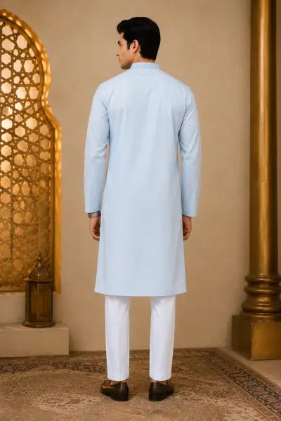 Powder Blue Embroidered Kurta view 3