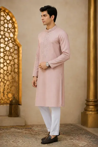 Pastel Dusty Pink Embroidered Kurta view 4