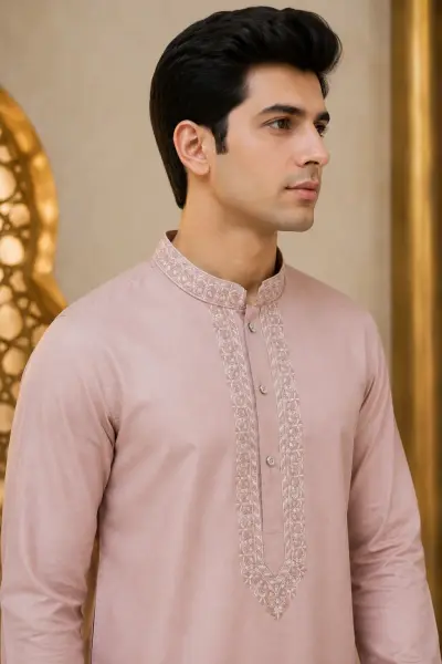 Pastel Dusty Pink Embroidered Kurta view 2