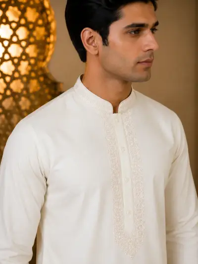 Classic Cream Embroidered Kurta view 2