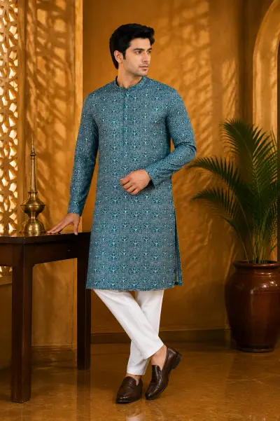 Teal Blue Full Embroidered Kurta