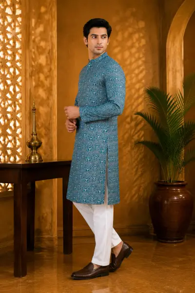 Teal Blue Full Embroidered Kurta view 4