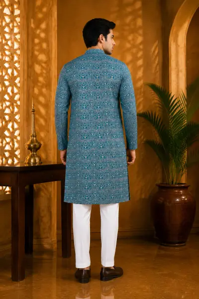 Teal Blue Full Embroidered Kurta view 3