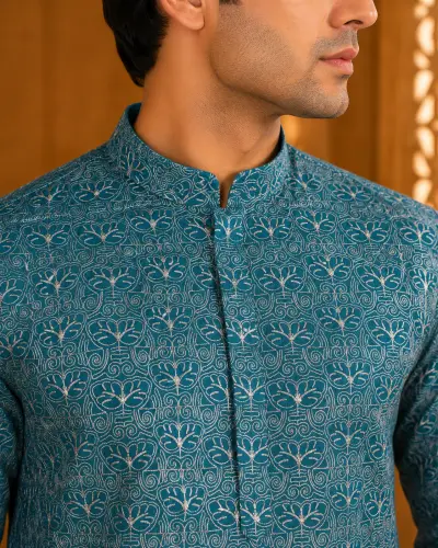 Teal Blue Full Embroidered Kurta view 2