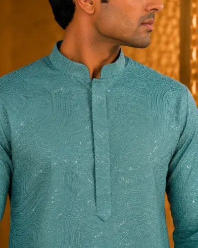 Sea Green Chikankari and Muted Sequin Kurta view 2