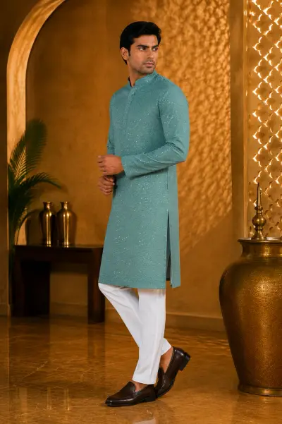 Sea Green Chikankari and Muted Sequin Kurta view 4