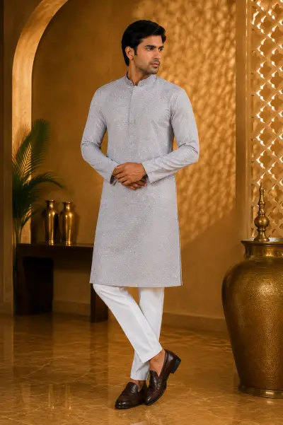 Light Grey Chikankari Style Embroidered Kurta