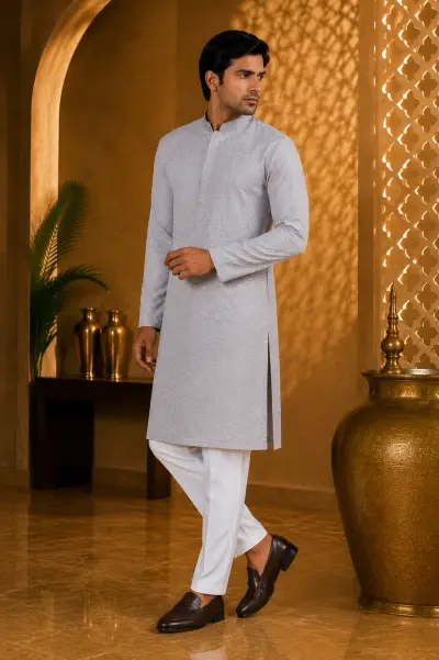 Light Grey Chikankari Style Embroidered Kurta view 4