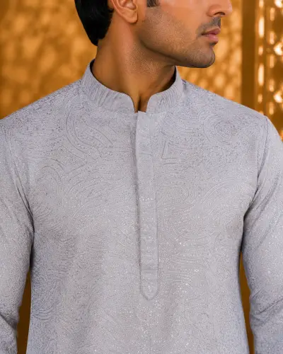 Light Grey Chikankari Style Embroidered Kurta view 2