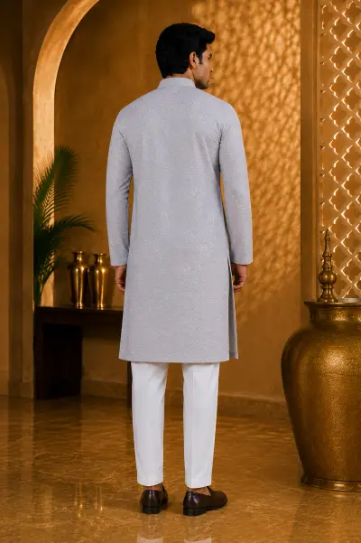 Light Grey Chikankari Style Embroidered Kurta view 3