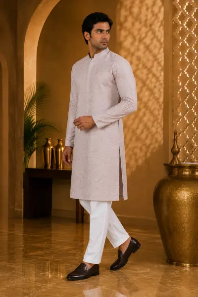 Soft Rose Taupe Embroidered Festive Kurta view 4