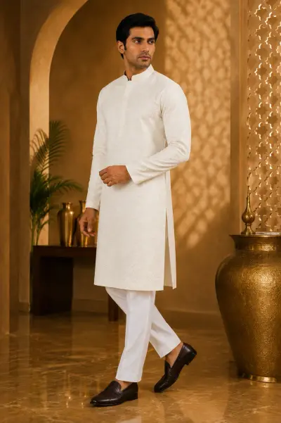 Ivory Chikankari Style Embroidered Kurta view 4