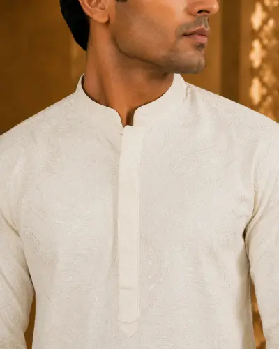 Ivory Chikankari Style Embroidered Kurta view 2
