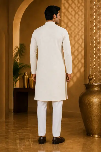 Ivory Chikankari Style Embroidered Kurta view 3