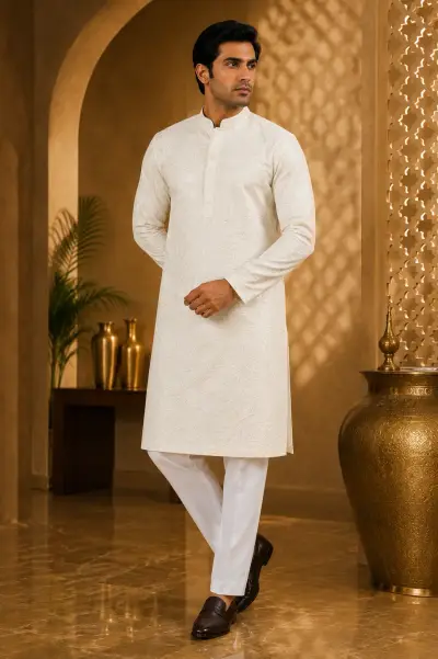 Ivory Chikankari Style Embroidered Kurta