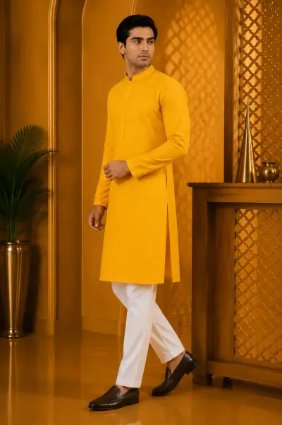 Mustard Yellow Embroidered Festive Kurta view 4