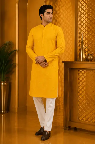 Mustard Yellow Embroidered Festive Kurta