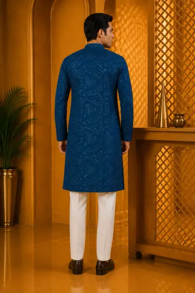 Royal Indigo Embroidered Festive Kurta view 3