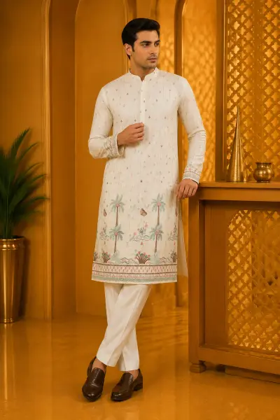 Cream Festive Oasis Embroidered Kurta