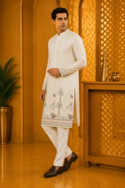 Cream Festive Oasis Embroidered Kurta view 4