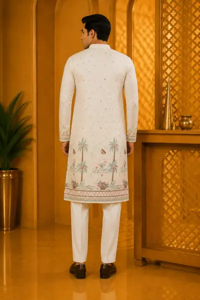 Cream Festive Oasis Embroidered Kurta view 3