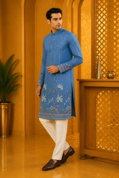 Blue Oasis Embroidered Festive Kurta view 4