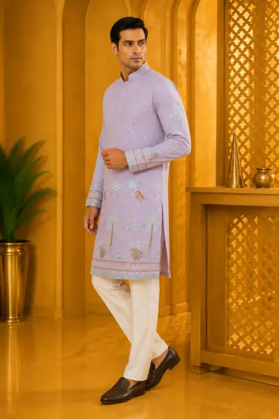 Pastel Lilac Oasis Embroidered Festive Kurta view 4
