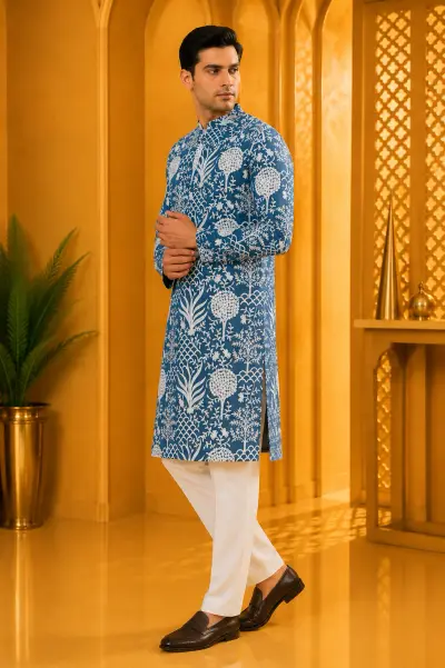 Imperial Blue Royal Heritage Embroidered Kurta view 4