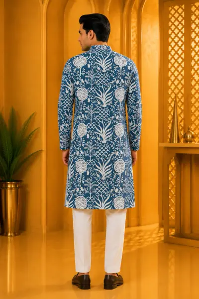 Imperial Blue Royal Heritage Embroidered Kurta view 3
