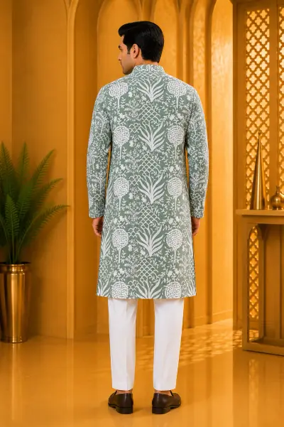 Sage Green Heritage Embroidered Premium Kurta view 3