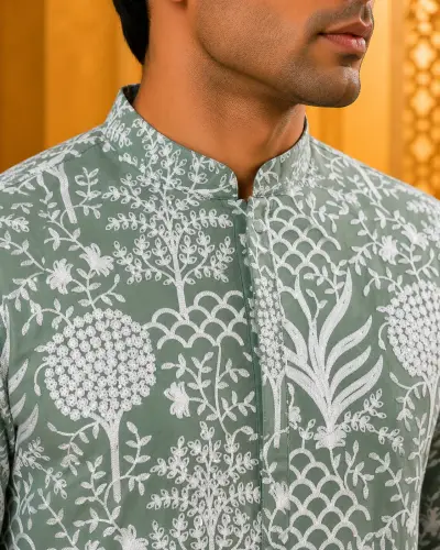 Sage Green Heritage Embroidered Premium Kurta view 2