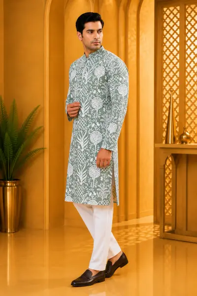 Sage Green Heritage Embroidered Premium Kurta view 4