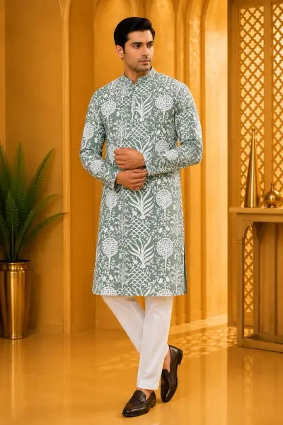 Sage Green Heritage Embroidered Premium Kurta