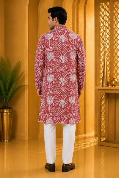 Crimson Red Royal Heritage Embroidered Kurta view 3