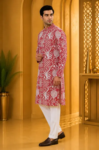 Crimson Red Royal Heritage Embroidered Kurta view 4