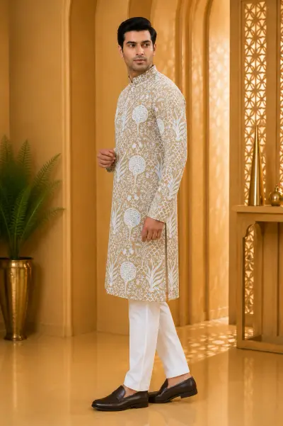 Beige Royal Heritage Embroidered Kurta view 4