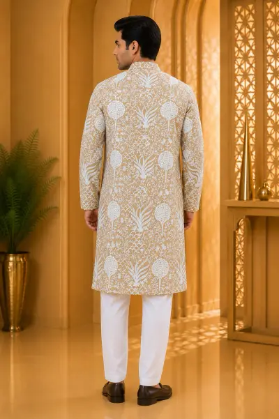 Beige Royal Heritage Embroidered Kurta view 3