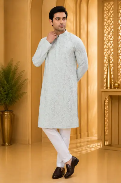 Powder Blue Chikankari Style Embroidered Festive Kurta