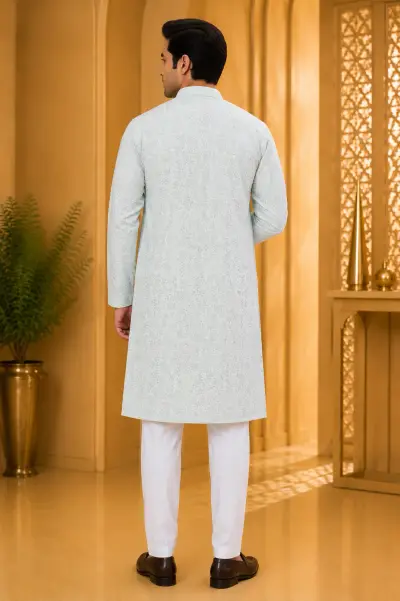 Powder Blue Chikankari Style Embroidered Festive Kurta view 3